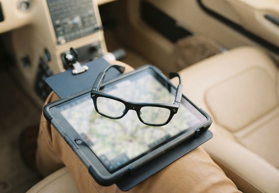 AR glasses resting on an EFB tablet in a kneeboard mount